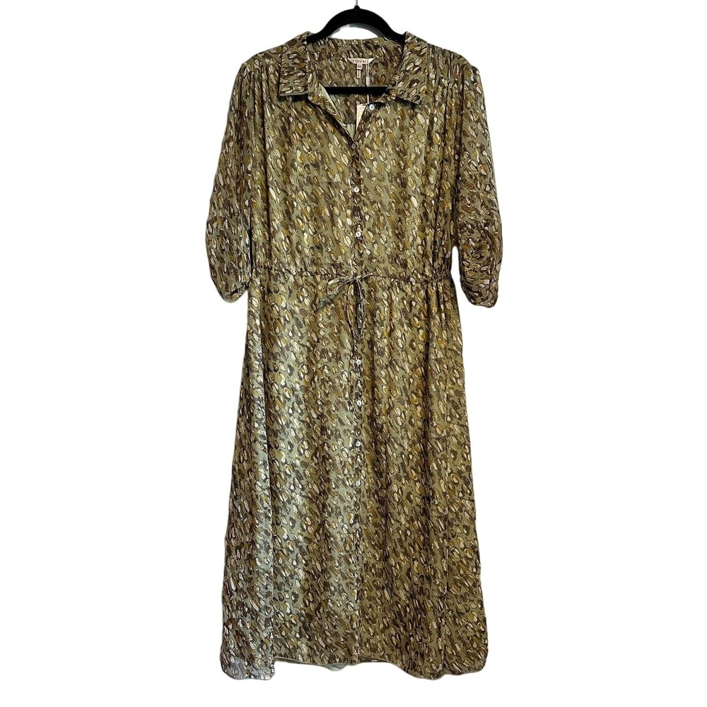 Esqualo Boho Printed Button Front Tie Waist Midi Dress Green Size 14 NWT